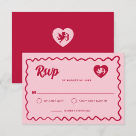 Retro Vågig Ram Röd Rosa Cupid Hjärtbröllop OSA Kort