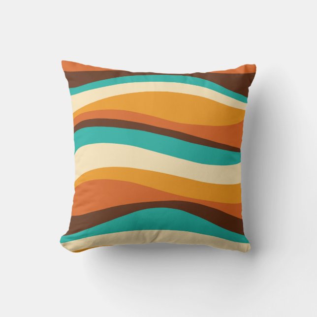 Retro vågiga linjer Teal, Orange, Choklad Kudde (Framsida)