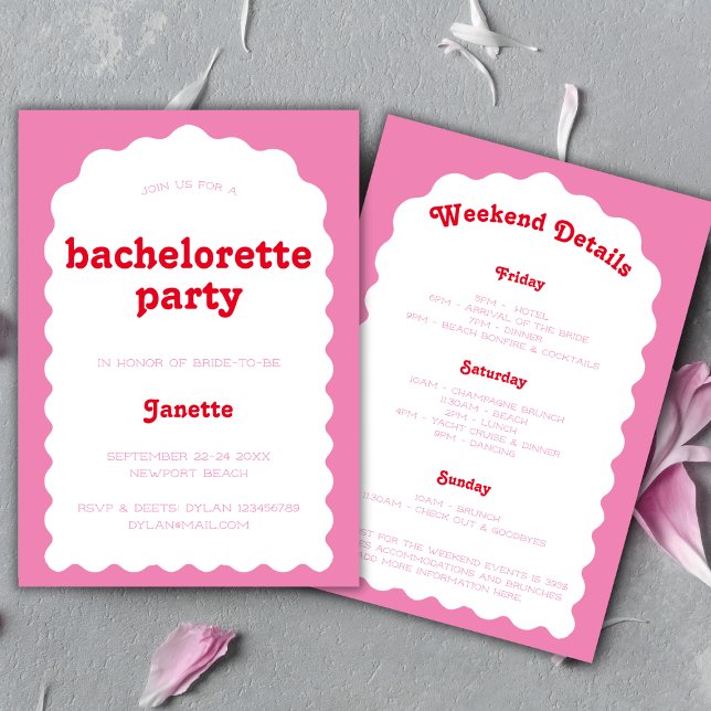 Retro Vågigt Arch Rosa och Red Bachelorette Helg Inbjudningar (Retro Wavy Arch Pink And Red Bachelorette Weekend Invitation)