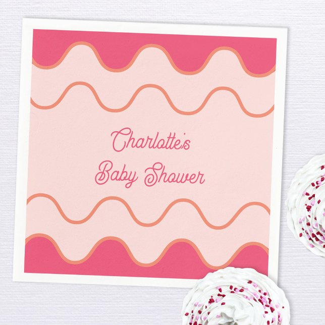 Retro Vågigt babyskor för Rosa av Gräns Pappersservett (Retro modern wavy curve border pink custom text baby shower paper napkins)