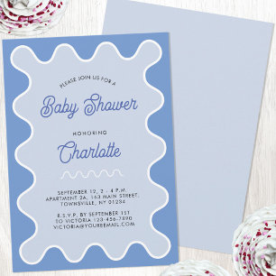 Retro Vågigt Blue Curve Baby Shower Inbjudningar