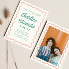 Retro Vågigt Bröllop för Rosa och Grönt Inbjudningar