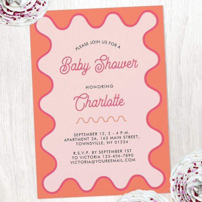 Retro Vågigt en babystövel för Orange av Rosa  Inbjudningar (Retro wavy pink orange curve modern baby shower invitation)
