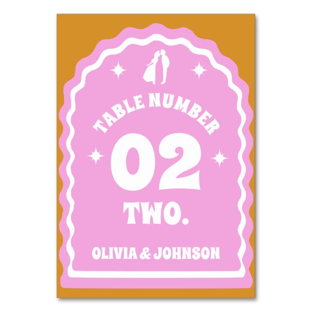 Retro Vågigt fotot för Rosa och Gult Par Bordsnummer (Framsidan)
