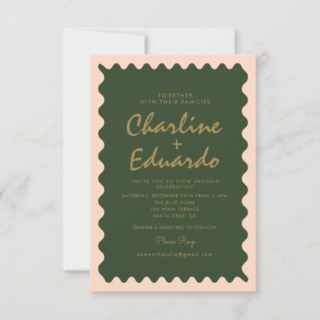 Retro Vågigt Grönt Peach Pastel Wedding-inbjudan Inbjudningar (Framsida)
