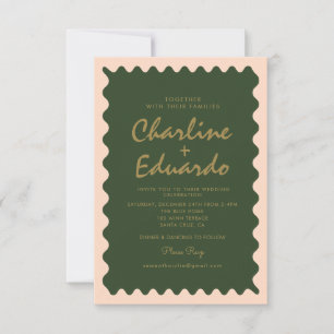 Retro Vågigt Grönt Peach Pastel Wedding-inbjudan Inbjudningar