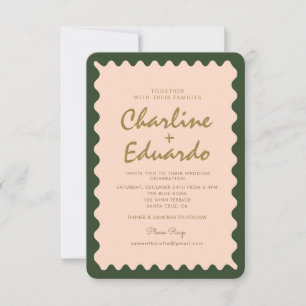 Retro Vågigt Grönt Peach Pastel Wedding-inbjudan Inbjudningar