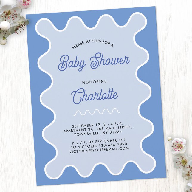 Retro Vågigt inbjudan till Blue Curve Baby Shower (Retro modern wavy curve blue personalized baby shower invitation postcard)