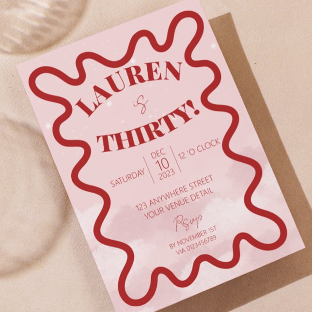 Retro Vågigt inbjudningar till 30års födelsedag-pa (scallop edge wave border 30th birthday party invite red and pink)