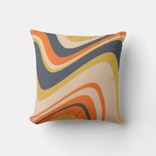 Retro Vågigt Linjer - Orange, flotta, Gult, Beige Kudde