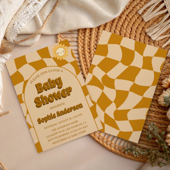 Retro Vågigt Mönster Boho Solros Bebis Bebisfest Inbjudningar (Skapare uppladdad)