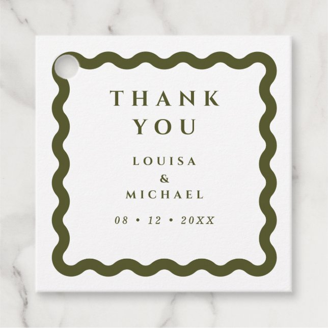 Retro Vågigt Ram Grönt & White Bröllop Gåvor Etiketter (Framsida)
