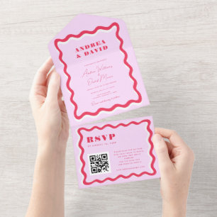 Retro Vågigt Ram Rosa och Red QR Code 70 s Bröllop