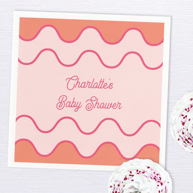 Retro Vågigt Rosa  Curve Baby Shower för Orange Pappersservett (Retro modern wavy curve border custom text baby shower paper napkins)