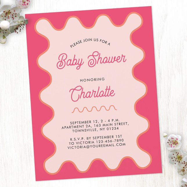 Retro Vågigt Rosa Curve Baby Shower-inbjudan Vykort (Retro pink wavy curve modern personalized baby shower invitation postcard)