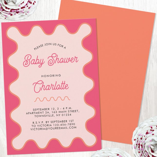 Retro Vågigt Rosa Curve Baby Shower Inbjudningar (Retro pink wavy curve modern personalized baby shower invitation)