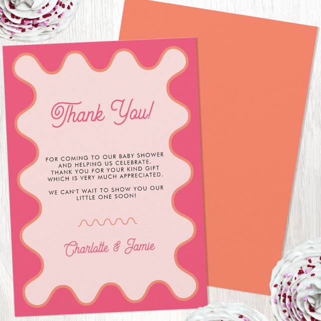 Retro Vågigt Rosa Curve Baby Shower Tack Kort (Retro modern wavy curve pink orange personalized baby shower thank you card)