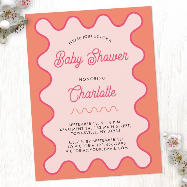 Retro Vågigt Rosa Orange Baby Shower-inbjudan till Vykort (Retro modern wavy curve pink orange personalized baby shower invitation postcard)