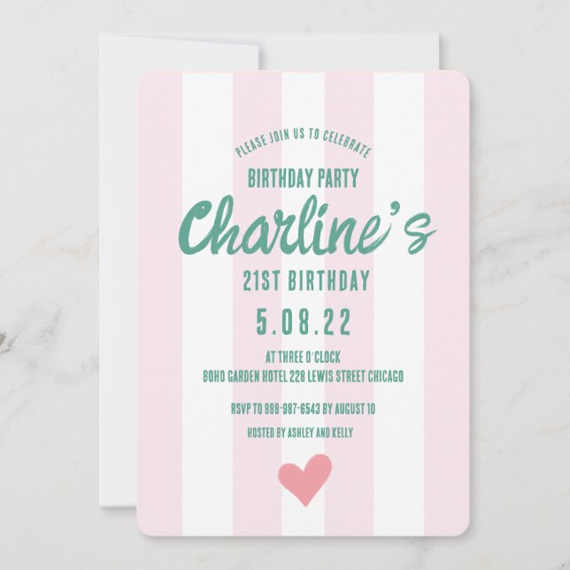 Retro Vågigt Rosa Stripe Handskrift 21St Birthday Inbjudningar (Framsida)