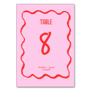 Retro Vågigt Squiggle Rosa Red Handskriftlig Bröll Bordsnummer