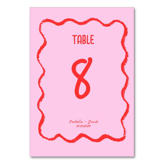 Retro Vågigt Squiggle Rosa Red Handskriftlig Bröll Bordsnummer (Framsidan)
