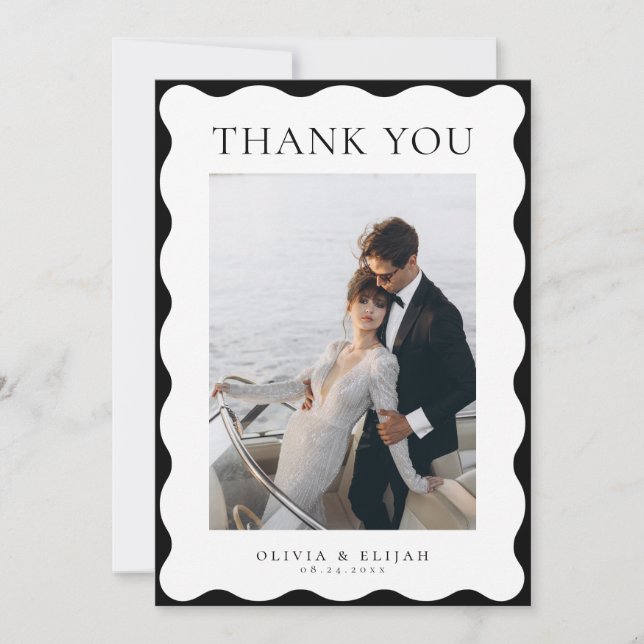 Retro Vågigt svartvit fotot-W-anteckning Bröllop Tack Kort (Framsida)