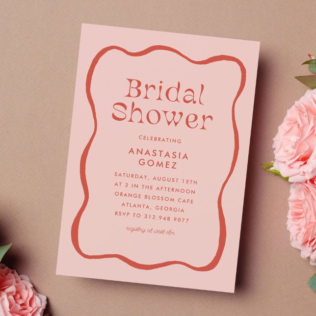 Retro Vågigt Viktigt Ram i Möhippan Orange Inbjudningar (retro wavy frame bridal shower invitation)
