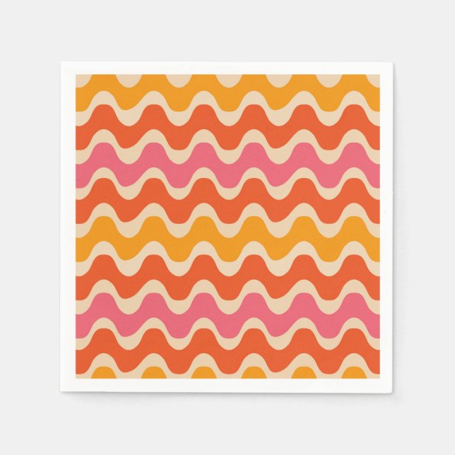 Retro-vågmönster i rosa, orange och rött pappersservett (Framsidan)