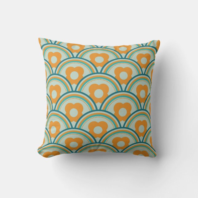 Retro vågor och blommor Aqua, Teal, Orange Kudde (Framsida)