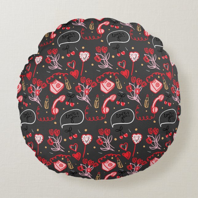 Retro Valentindagen Kärlek Doodles Rund Kudde (Framsidan)