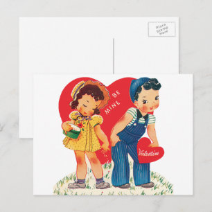 Retro Valentindagen, Vintage Girl and Boy Hearts Helg Vykort