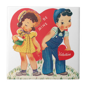 Retro Valentindagen, Vintage Girl and Boy Hearts Kakelplatta