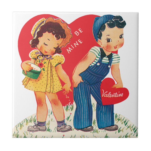 Retro Valentindagen, Vintage Girl and Boy Hearts Kakelplatta (Framsidan)