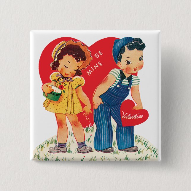 Retro Valentindagen, Vintage Girl and Boy Hearts Knapp (Framsida)