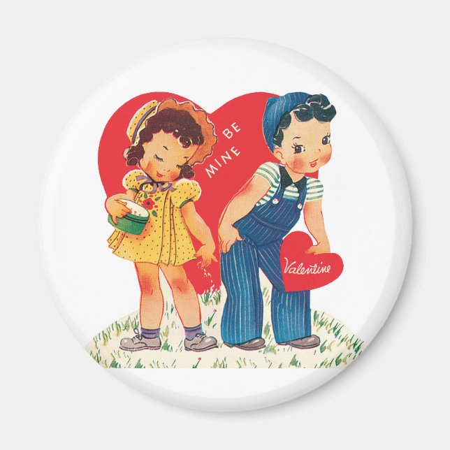 Retro Valentindagen, Vintage Girl and Boy Hearts Magnet (Framsidan)
