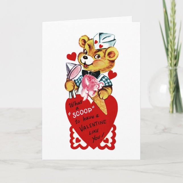 Retro Valentine Bear and Ice Cream Greeting Card Helgkort (Framsida)