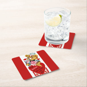 Retro Valentine Bear och Ice Cream Underlägg Papper Kvadrat