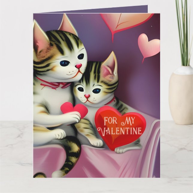 Retro Valentine Cute Kittens och Hearts Kort (Framsida)