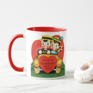 Retro Valentine Day, Vintage Girl and Boy in Car Mugg
