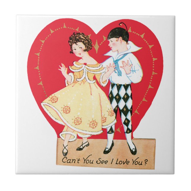 Retro Valentine Day, Vintage Harlequin and Heart Kakelplatta (Framsidan)