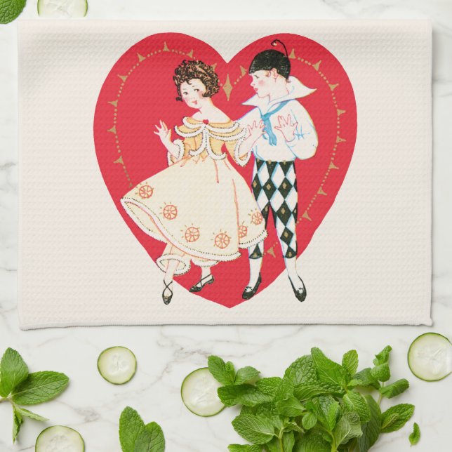 Retro Valentine Day, Vintage Harlequin and Heart Kökshandduk (Vikta)