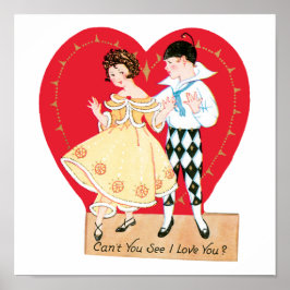 Retro Valentine Day, Vintage Harlequin and Heart Poster