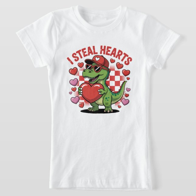 Retro Valentine Dinosaur Holding Heart TEE, Cute I T Shirt (Laydown)