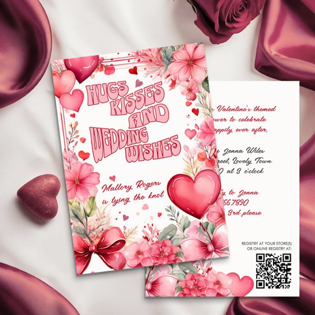 Retro Valentine Hugs Kisses Hearts and Flowers Inbjudningar (Bridal Shower invitation from the Valentines Bridal Shower Invitation collection by Darling & May)
