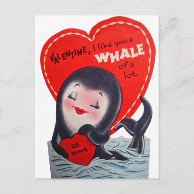 Retro Valentine Whale Helgdag Söt vykort (Framsida)