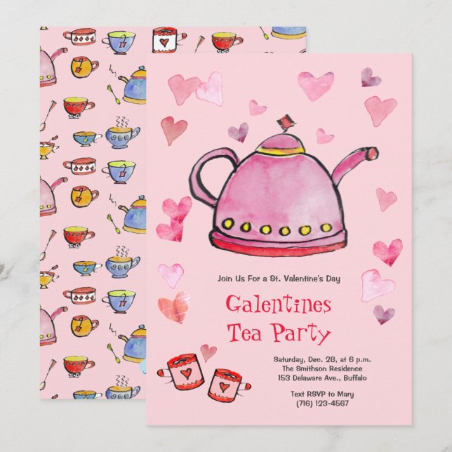 Retro Valentines dag Galentines Tea Party Lunch Inbjudningar (Fram/baksida)