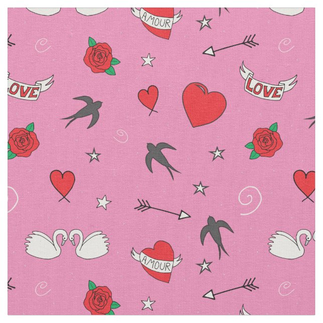 Retro Valentiness Cute Mönster på Rosa Tyg (Närbild)
