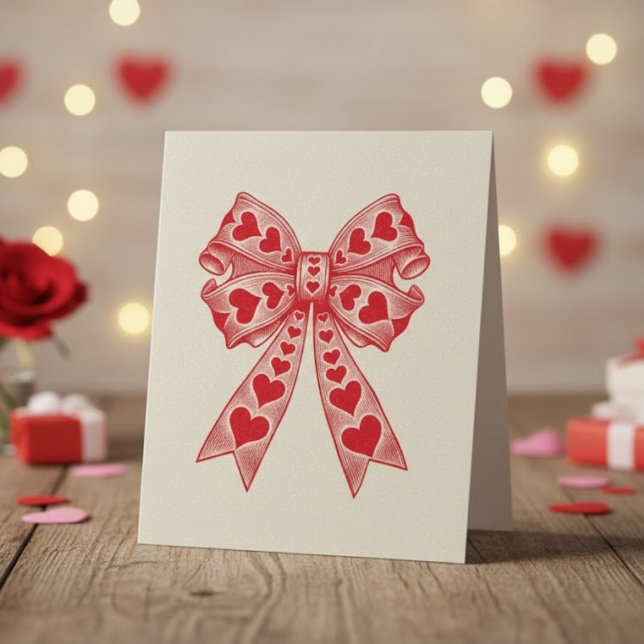 Retro Valentinskärlek Coquette-slöja i röd rosa Julkort (Skapare uppladdad)