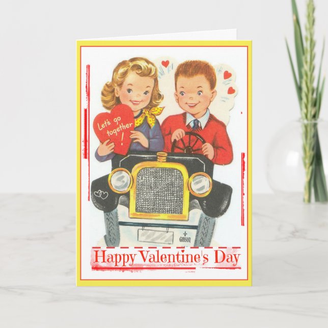 Retro valentintonåringar i rishöghälsningkort helgkort (Framsida)