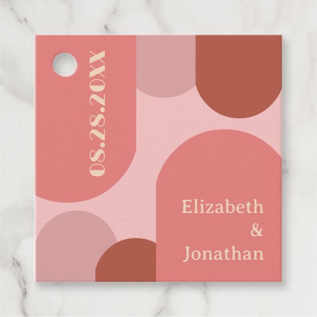 Retro Valvbågar Korall Rosa Bröllop Gåvor Etiketter (Framsida)